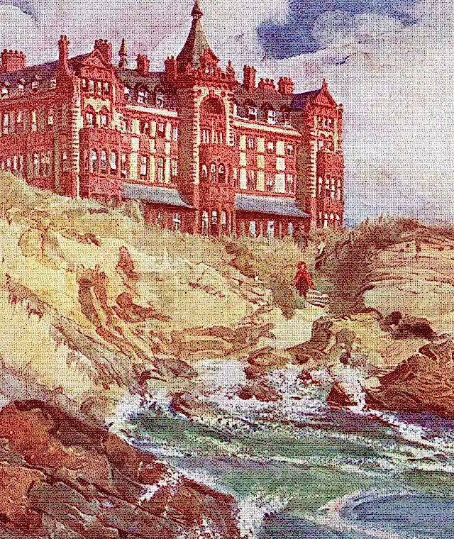 A painting of the Headland hotel atop a cliff