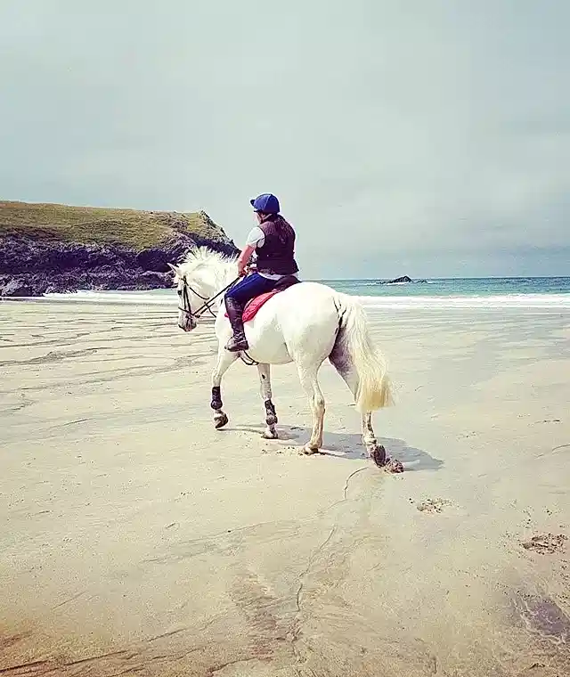 A girl riding on a horse on a sandy beach