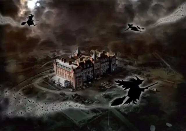 witches on a dark night flying on broomsticks around the headland hotel