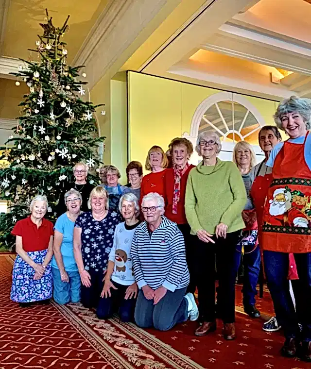 A group of ladies in front of a Christmas tree