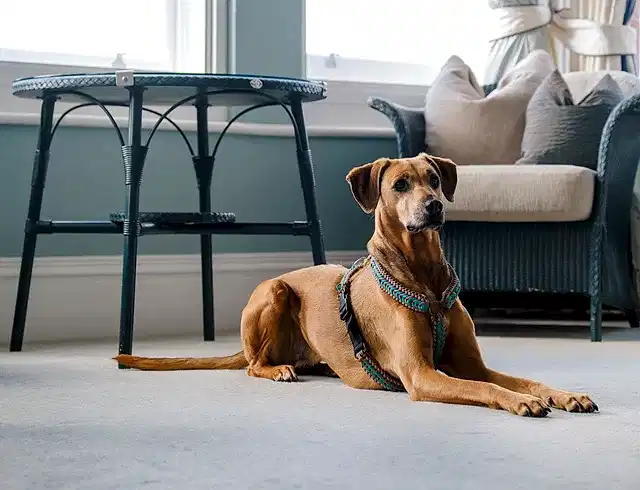 A large tan and brown dog in a stylish teal dog harness relaxing in a pet-friendly hotel lounge with a wicker chair and ocean-view window.